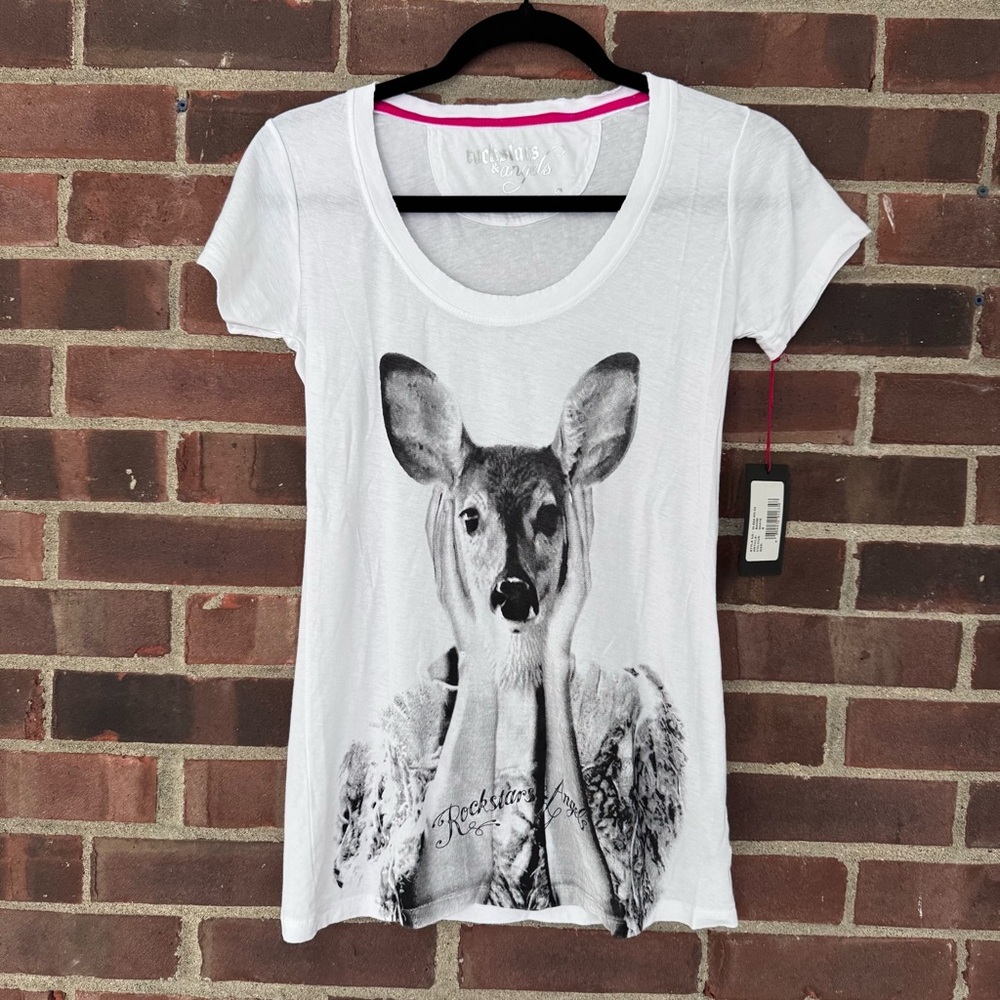 Rockstars & Angels White Deer Head 100% Cotton T Shirt Women’s Small NEW - Picture 1 of 8